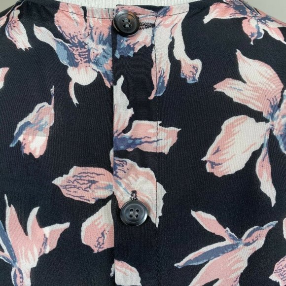 Madewell Silk Top S‎ Floral Button Back Tie Front Tee Sheer Black Pink - Picture 6 of 11